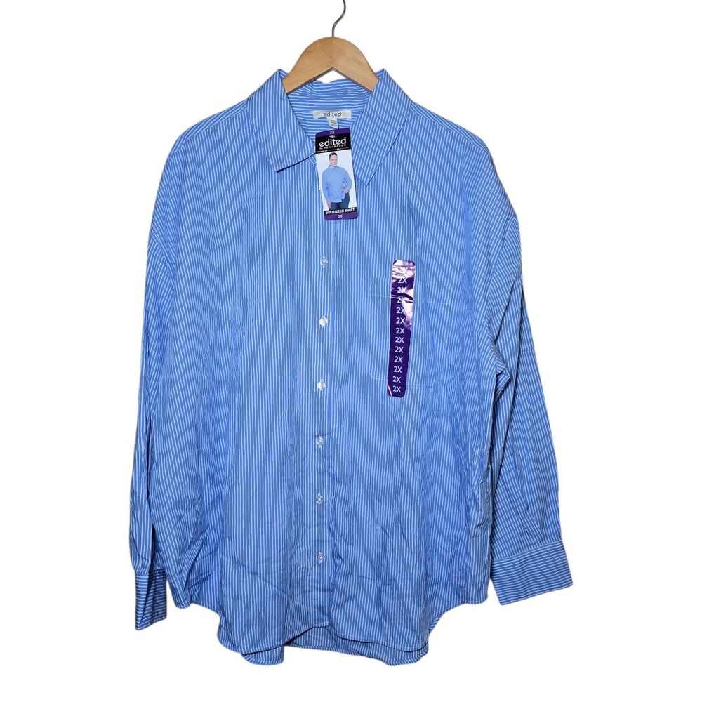 Edited by Remi Bader Womens 2X Blue White Pinstripe Oversized Shirt NWT